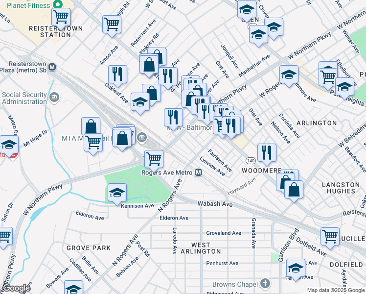 map of restaurants, bars, coffee shops, grocery stores, and more near 5520 Lynview Avenue in Baltimore