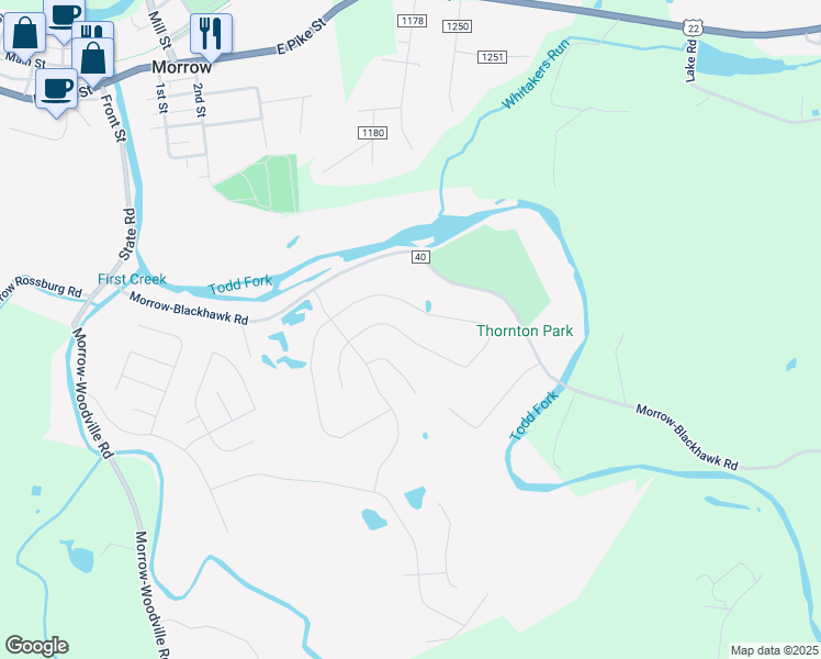 map of restaurants, bars, coffee shops, grocery stores, and more near 5032 Mary Louise Court in Morrow