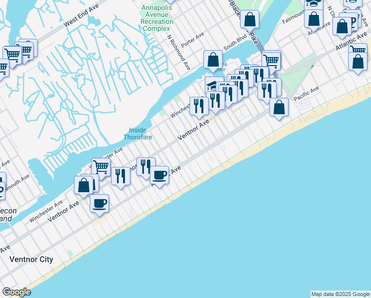 map of restaurants, bars, coffee shops, grocery stores, and more near 35 South Aberdeen Place in Atlantic City