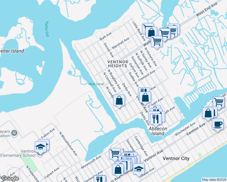 map of restaurants, bars, coffee shops, grocery stores, and more near 505 North Cambridge Avenue in Ventnor City