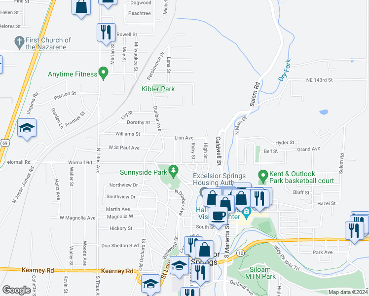 map of restaurants, bars, coffee shops, grocery stores, and more near 703 Locust Street in Excelsior Springs