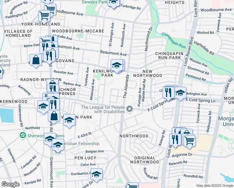 map of restaurants, bars, coffee shops, grocery stores, and more near 4602 Kenilworth Avenue in Baltimore