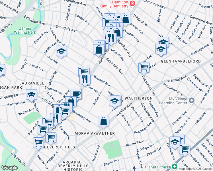 map of restaurants, bars, coffee shops, grocery stores, and more near 3201 Rueckert Avenue in Baltimore