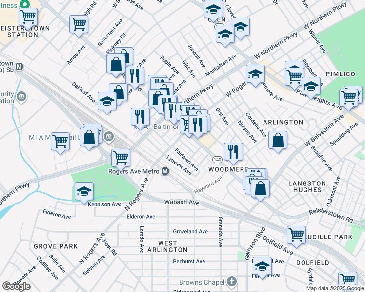 map of restaurants, bars, coffee shops, grocery stores, and more near 5420 Crismer Avenue in Baltimore