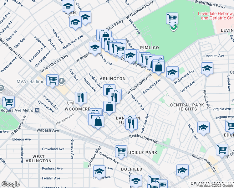 map of restaurants, bars, coffee shops, grocery stores, and more near 5202 Cuthbert Avenue in Baltimore