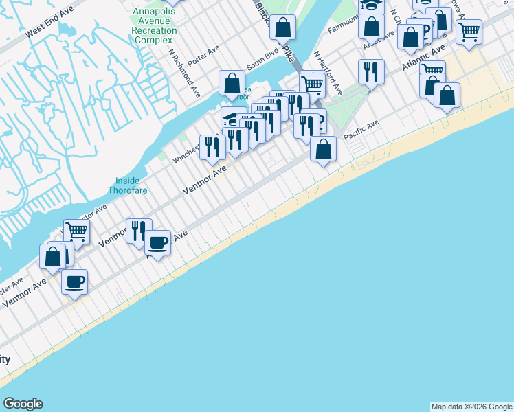map of restaurants, bars, coffee shops, grocery stores, and more near 101 South Raleigh Avenue in Atlantic City