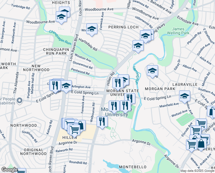 map of restaurants, bars, coffee shops, grocery stores, and more near Perring Parkway in Baltimore
