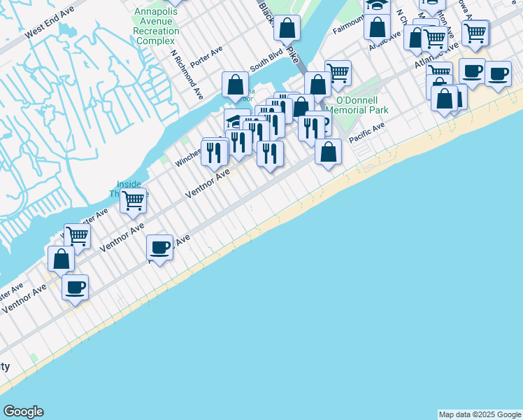 map of restaurants, bars, coffee shops, grocery stores, and more near 101 South Raleigh Avenue in Atlantic City
