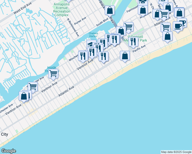 map of restaurants, bars, coffee shops, grocery stores, and more near 106 South Raleigh Avenue in Atlantic City