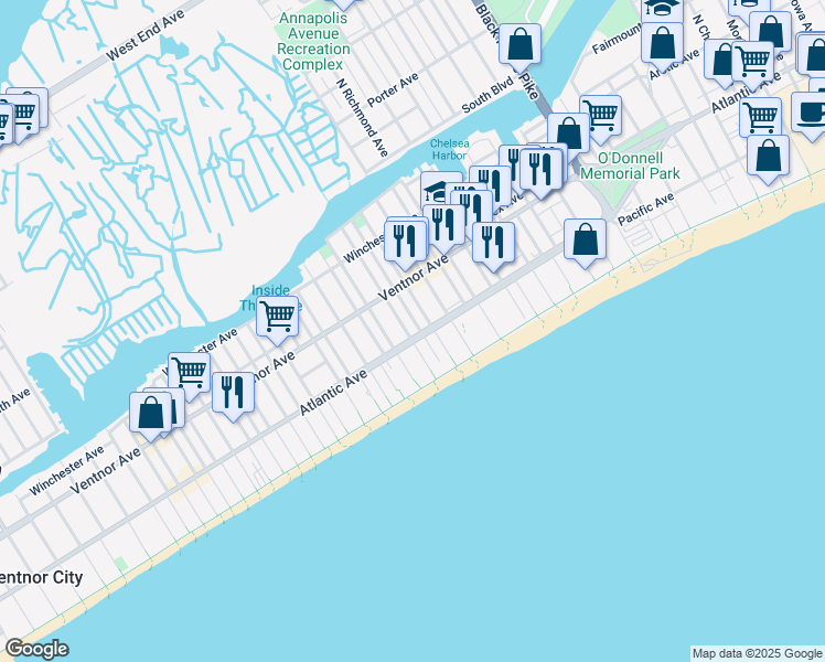 map of restaurants, bars, coffee shops, grocery stores, and more near 4401 Atlantic Avenue in Atlantic City