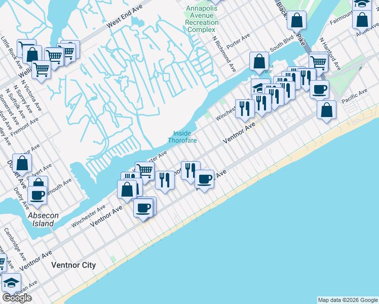 map of restaurants, bars, coffee shops, grocery stores, and more near 3 Newton Avenue in Atlantic City