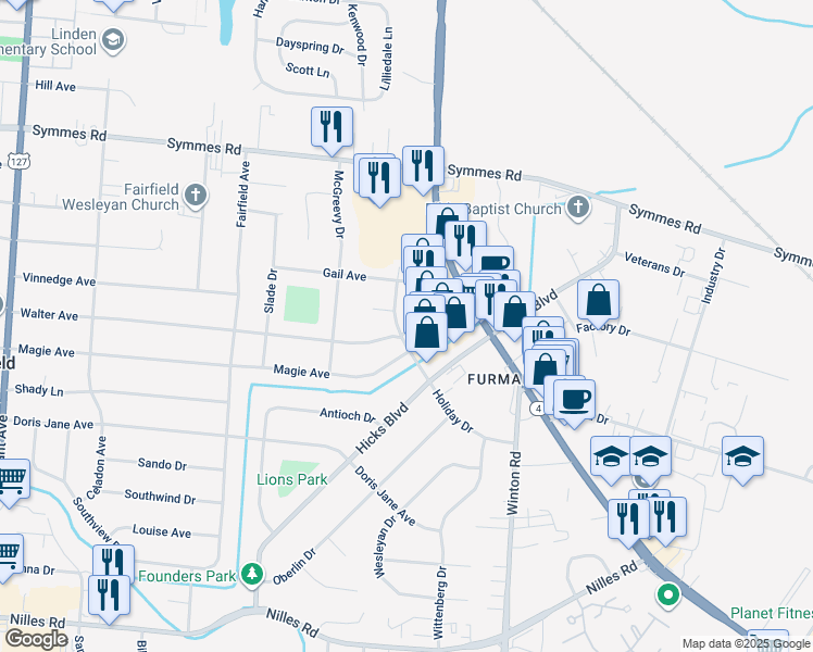map of restaurants, bars, coffee shops, grocery stores, and more near 4783 Dixie Highway in Fairfield