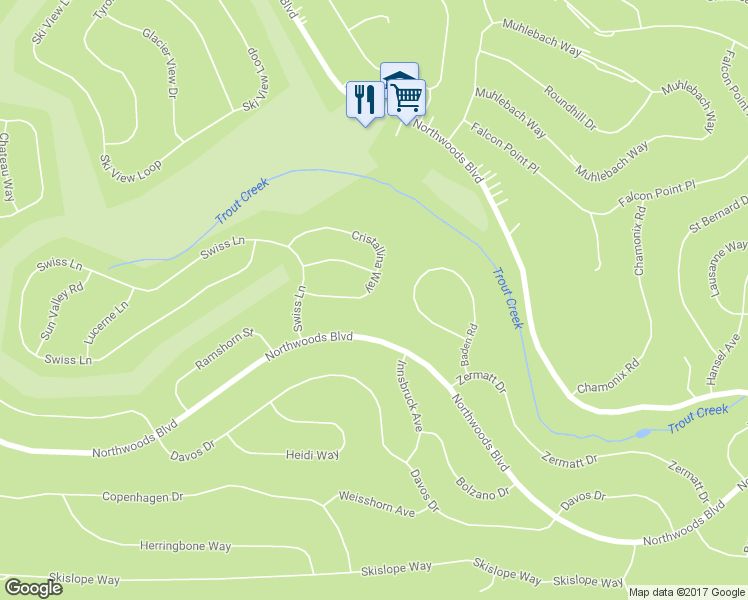 map of restaurants, bars, coffee shops, grocery stores, and more near 13617 Cristallina Way in Truckee