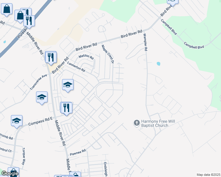 map of restaurants, bars, coffee shops, grocery stores, and more near 9806 Tailspin Lane in Middle River