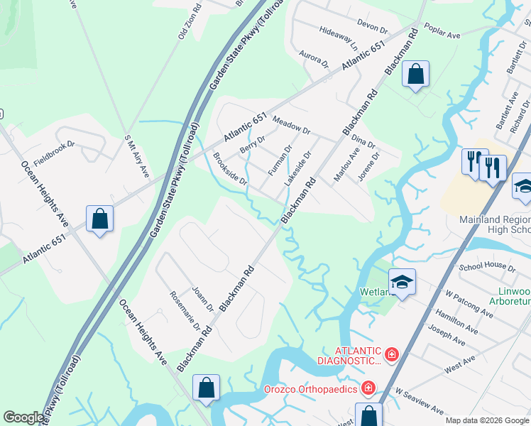 map of restaurants, bars, coffee shops, grocery stores, and more near 7 Brookside Drive in Egg Harbor Township