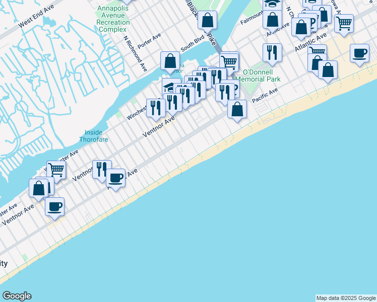 map of restaurants, bars, coffee shops, grocery stores, and more near 101 South Raleigh Avenue in Atlantic City