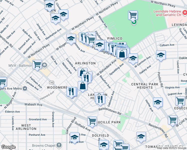 map of restaurants, bars, coffee shops, grocery stores, and more near 3616 West Belvedere Avenue in Baltimore