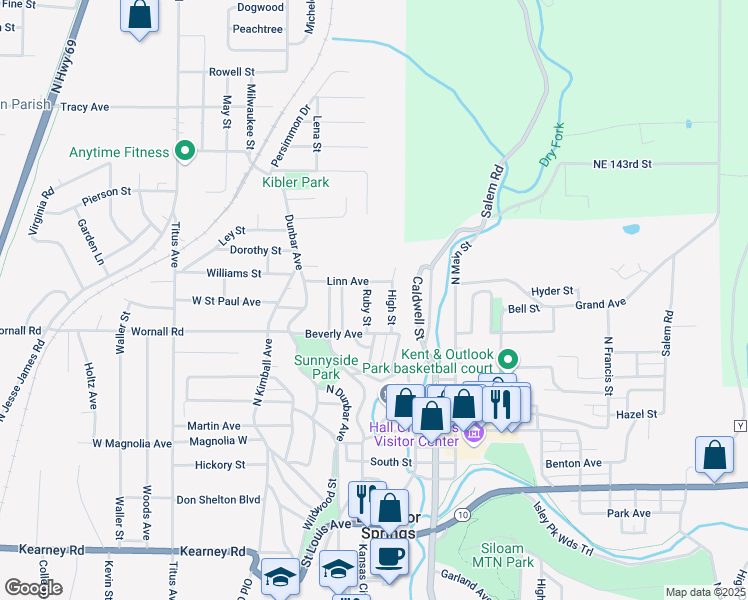 map of restaurants, bars, coffee shops, grocery stores, and more near 701 Ruby Street in Excelsior Springs