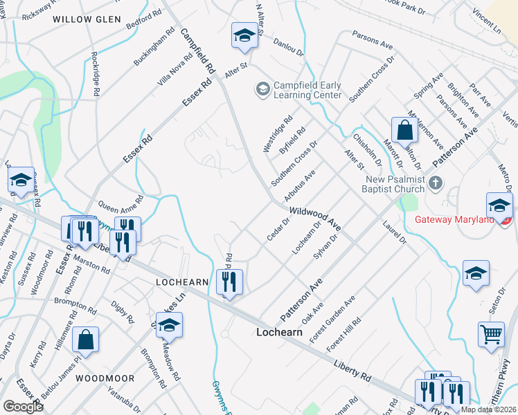 map of restaurants, bars, coffee shops, grocery stores, and more near 3714 Campfield Road in Baltimore