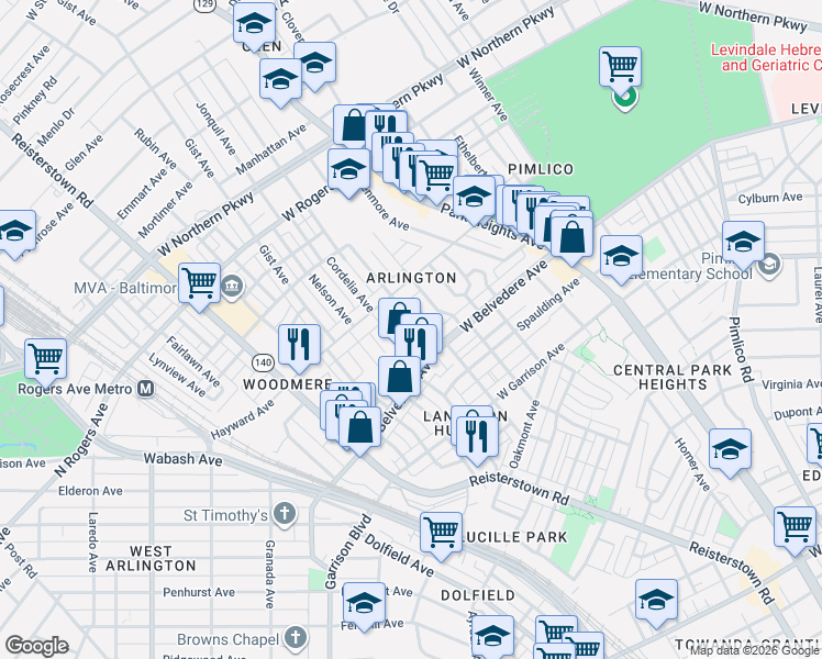 map of restaurants, bars, coffee shops, grocery stores, and more near 5206 Cuthbert Avenue in Baltimore