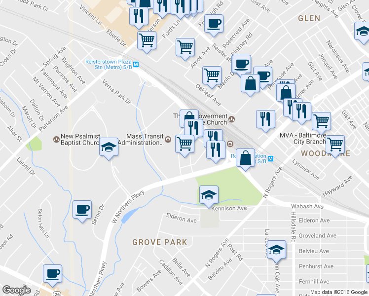 map of restaurants, bars, coffee shops, grocery stores, and more near 5724 Wabash Ave in Baltimore
