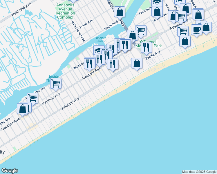 map of restaurants, bars, coffee shops, grocery stores, and more near 101 South Raleigh Avenue in Atlantic City