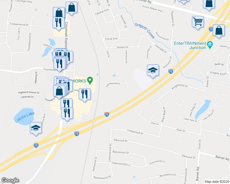 map of restaurants, bars, coffee shops, grocery stores, and more near 8210 Vadith Court in Butler County