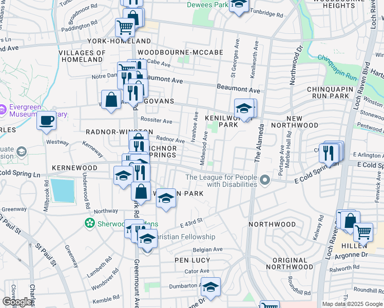 map of restaurants, bars, coffee shops, grocery stores, and more near 752 Richwood Avenue in Baltimore