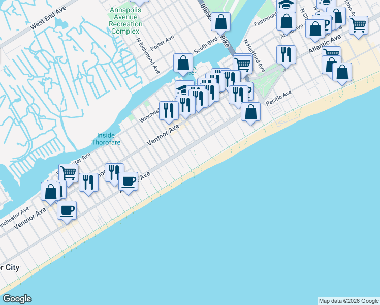 map of restaurants, bars, coffee shops, grocery stores, and more near 106 South Raleigh Avenue in Atlantic City
