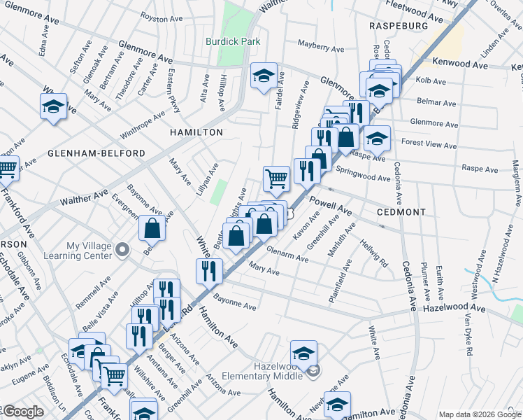 map of restaurants, bars, coffee shops, grocery stores, and more near 4010 Century Road in Baltimore