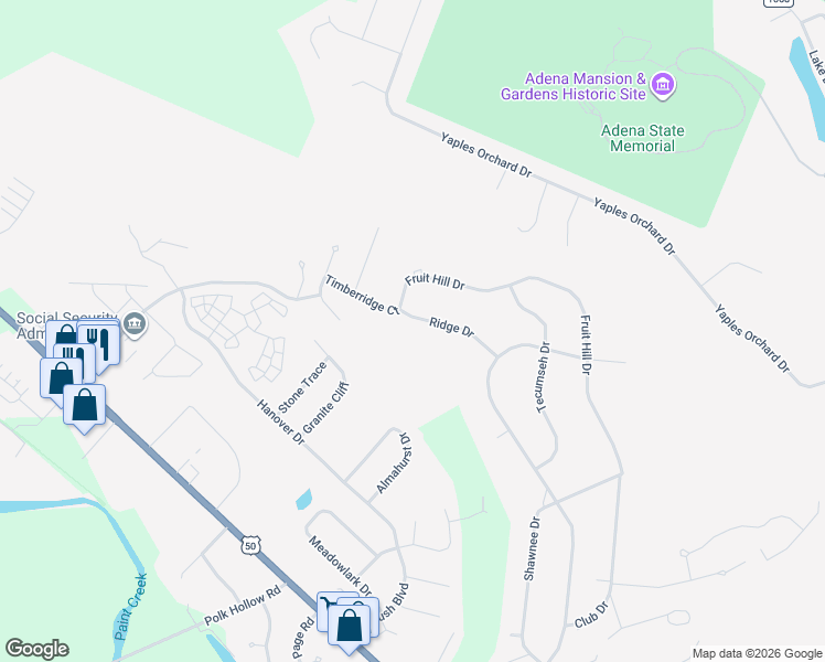 map of restaurants, bars, coffee shops, grocery stores, and more near 16 Ridge Drive in Chillicothe