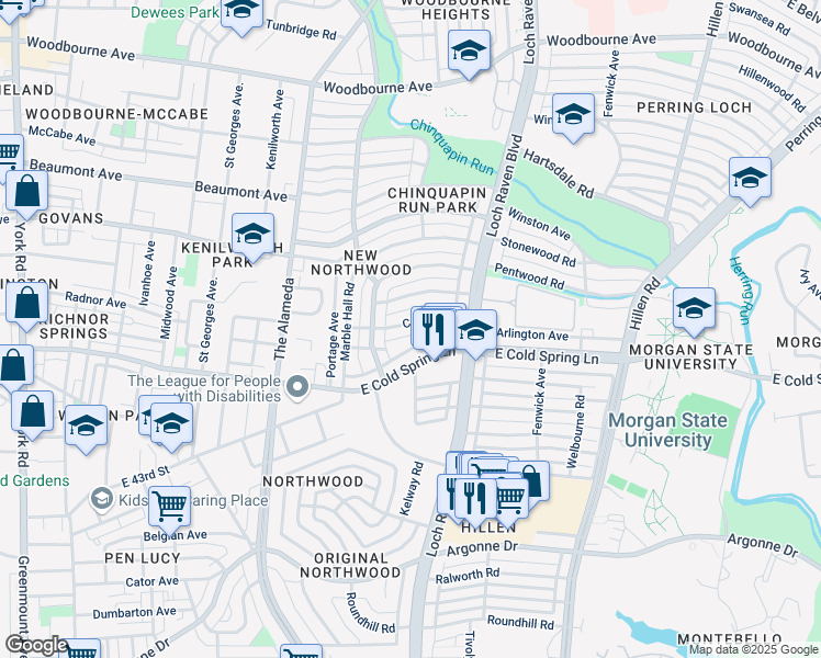 map of restaurants, bars, coffee shops, grocery stores, and more near 1325 Crofton Road in Baltimore