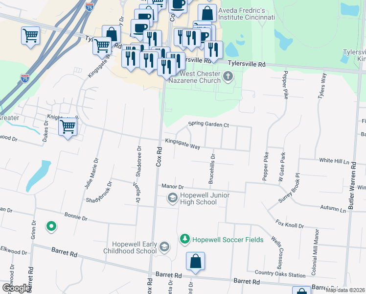 map of restaurants, bars, coffee shops, grocery stores, and more near 7871 Kingsgate Way in Butler County