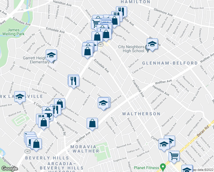 map of restaurants, bars, coffee shops, grocery stores, and more near 3217 Batavia Avenue in Baltimore