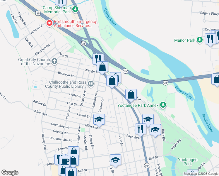 map of restaurants, bars, coffee shops, grocery stores, and more near 678 Vine Street in Chillicothe
