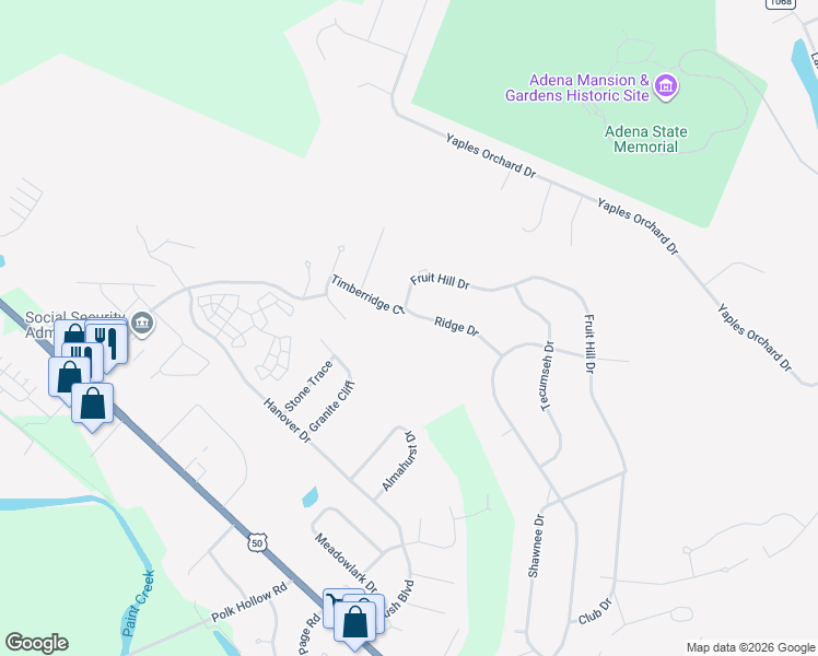 map of restaurants, bars, coffee shops, grocery stores, and more near 16 Ridge Drive in Chillicothe