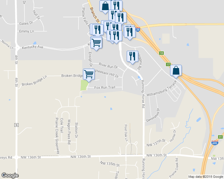 map of restaurants, bars, coffee shops, grocery stores, and more near 1400 Fox Run Trail in Platte City