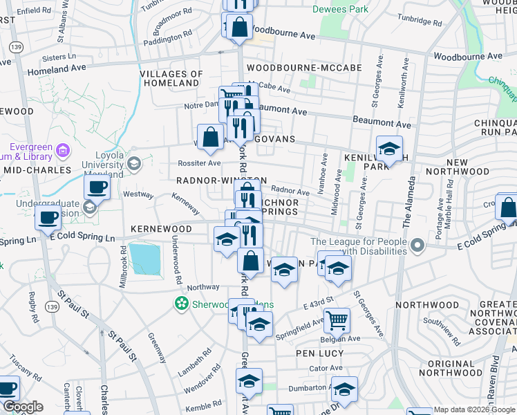 map of restaurants, bars, coffee shops, grocery stores, and more near 517 Richwood Avenue in Baltimore