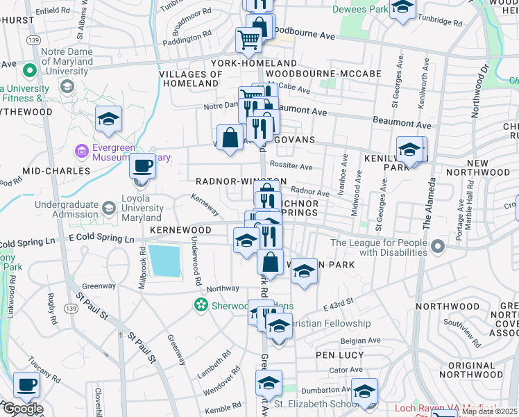 map of restaurants, bars, coffee shops, grocery stores, and more near 4718 York Road in Baltimore