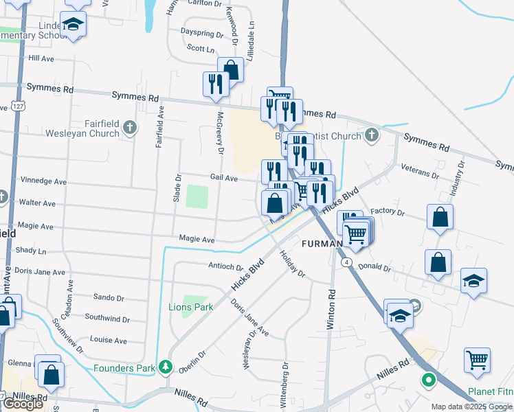 map of restaurants, bars, coffee shops, grocery stores, and more near 1050 Walter Avenue in Fairfield