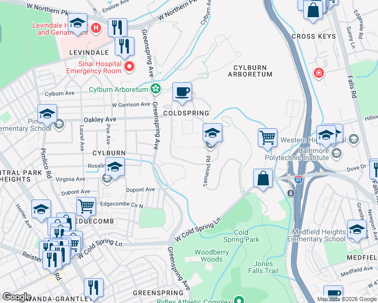 map of restaurants, bars, coffee shops, grocery stores, and more near 4800 Tamarind Road in Baltimore