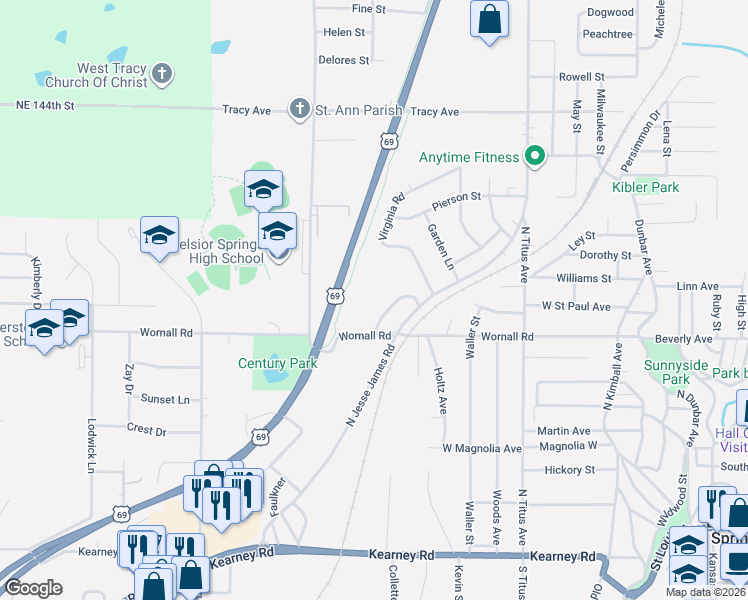 map of restaurants, bars, coffee shops, grocery stores, and more near 500 North Jesse James Road in Excelsior Springs
