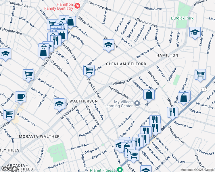 map of restaurants, bars, coffee shops, grocery stores, and more near Walther Ave & Hamilton Ave in Baltimore