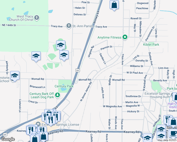map of restaurants, bars, coffee shops, grocery stores, and more near 500 North Jesse James Road in Excelsior Springs
