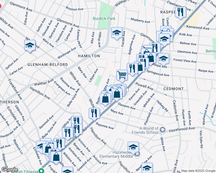 map of restaurants, bars, coffee shops, grocery stores, and more near 5925 Benton Heights Avenue in Baltimore