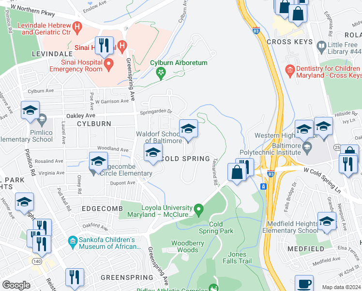 map of restaurants, bars, coffee shops, grocery stores, and more near 2201 Clove Terrace in Baltimore