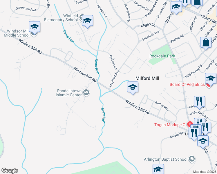 map of restaurants, bars, coffee shops, grocery stores, and more near 2900 Mayfield Avenue in Milford Mill