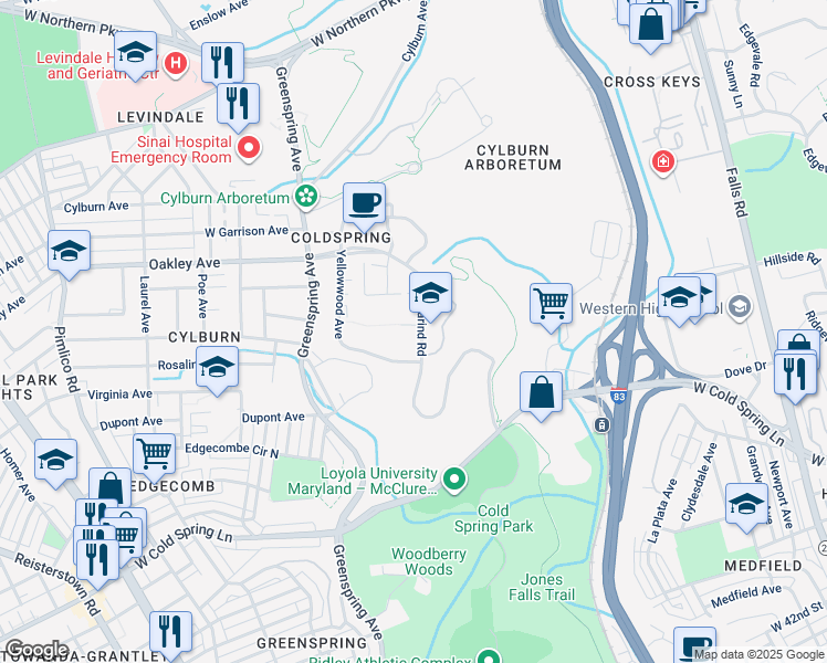 map of restaurants, bars, coffee shops, grocery stores, and more near 2215 Clove Terrace in Baltimore