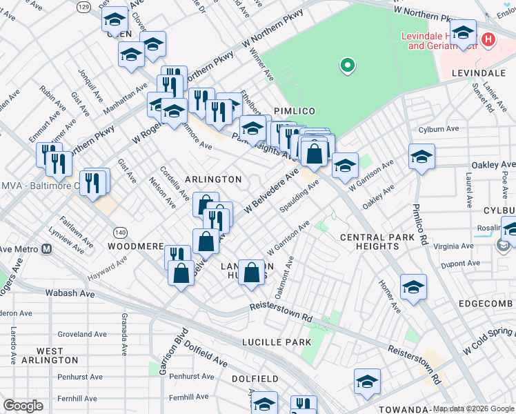 map of restaurants, bars, coffee shops, grocery stores, and more near 3525 West Belvedere Avenue in Baltimore