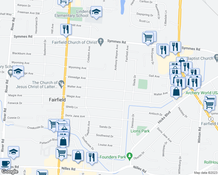 map of restaurants, bars, coffee shops, grocery stores, and more near 784 Walter Avenue in Fairfield